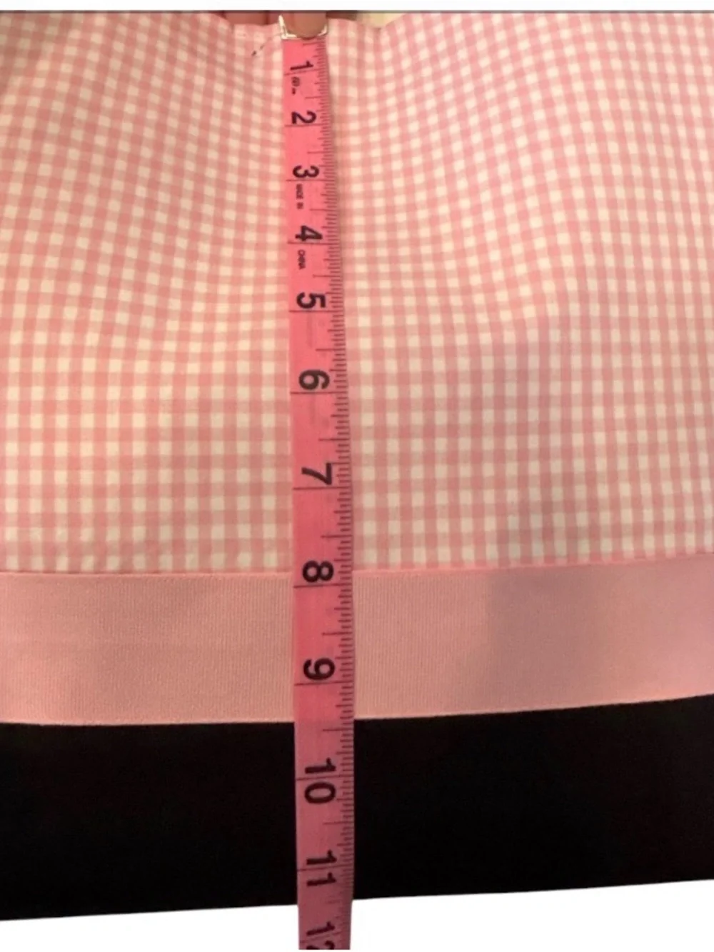 Pink Gingham Tote Bag. Black Straps. Ribbon Accent.  Lined.  Snap Closure.